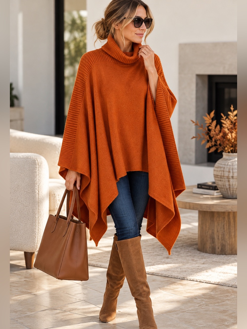 89$NWT Lou & Grey Après Sweater Poncho Rust Orange Wool Blend OS